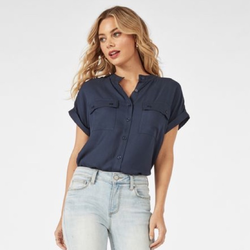 JustFab Woven top Utility sleeve shirt Ombre Blue